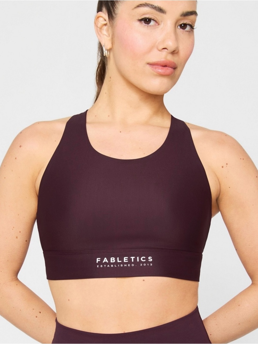 Fabletics High-Neck Sports Bra in Deep Plum